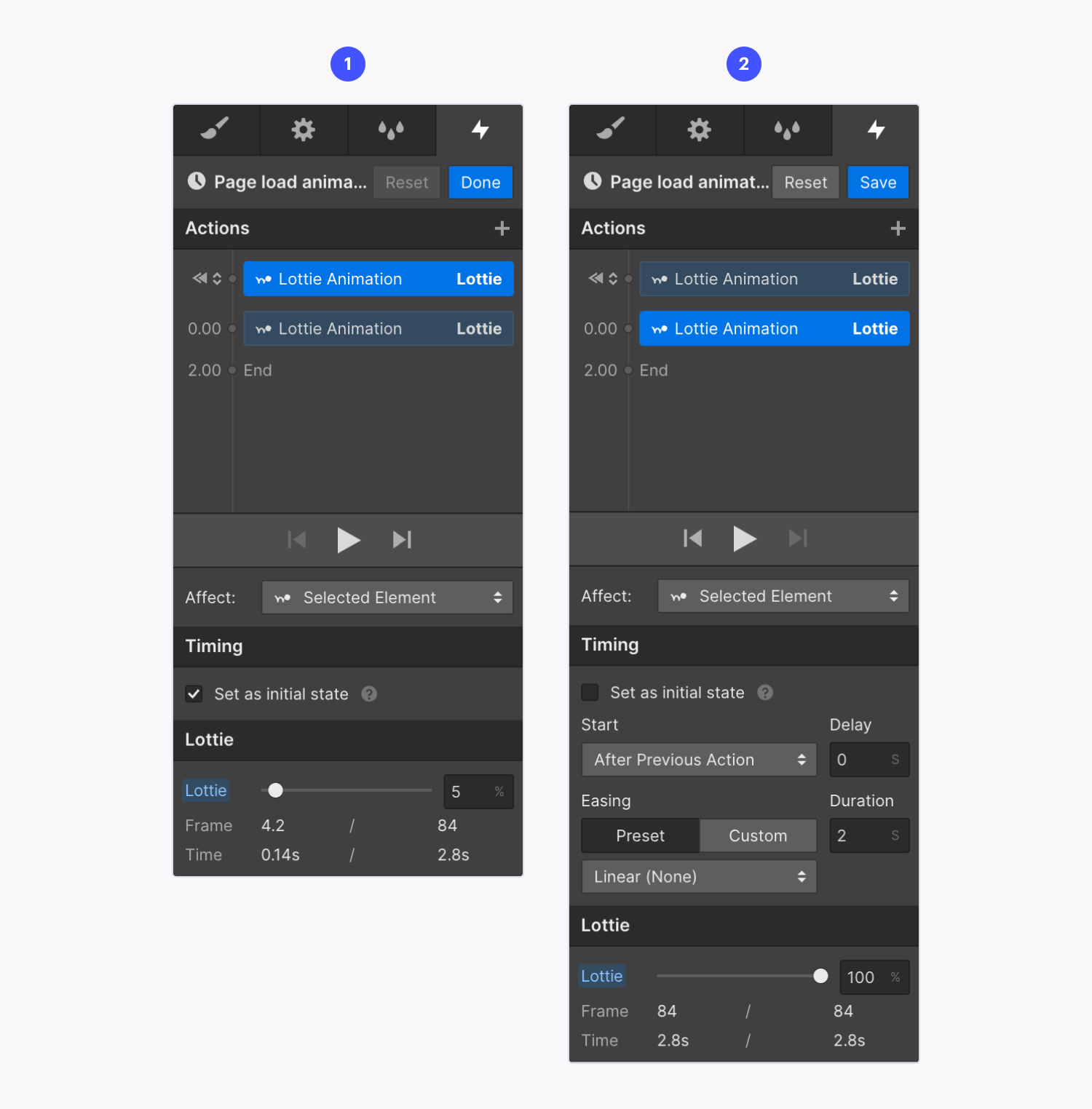 The Lottie animation action’s initial state and final state are displayed in the animation timeline.