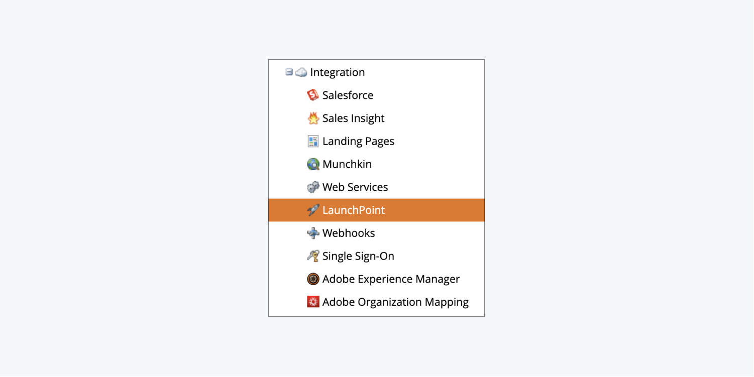 Marketo’s “LaunchPoint” section is highlighted under its Integration settings.