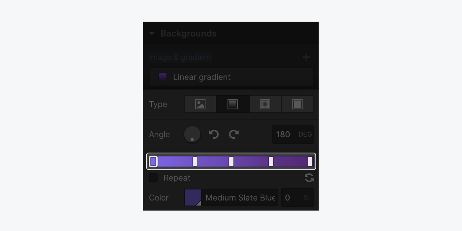 Gradient stops are highlighted within linear gradient settings. There are 5 gradient stops ranging from a periwinkle blue to a dark purple. 