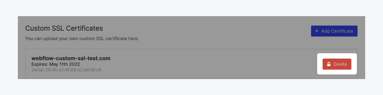 The “Delete” button is highlighted next to an outdated custom SSL certificate.