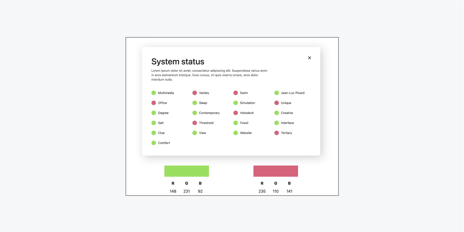 A sample user interface only uses color to indicate status, with green indicating functioning status and red indicating malfunctioning. 