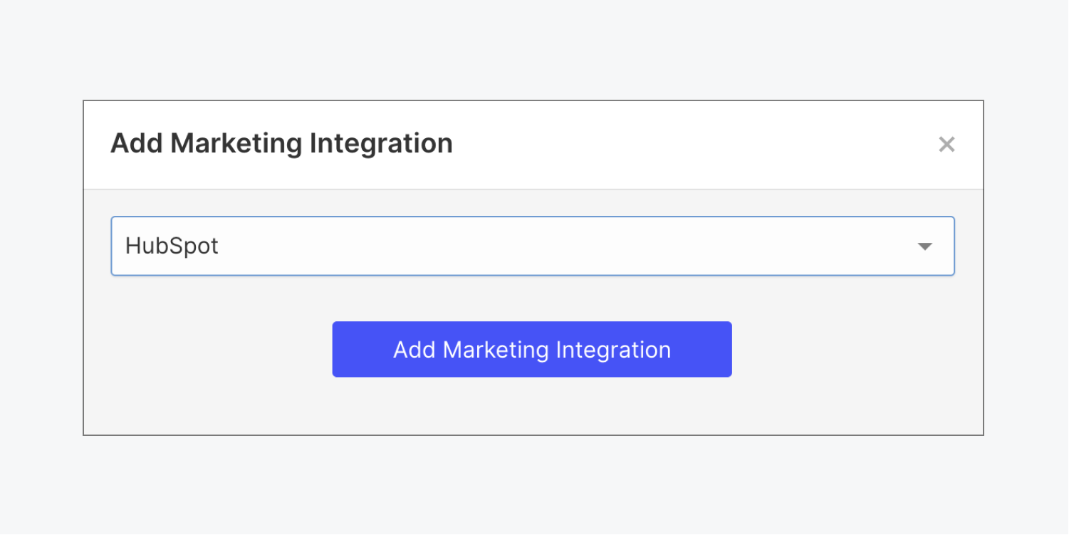 Webflow’s “Add marketing integration” modal shows HubSpot selected in the dropdown menu. 