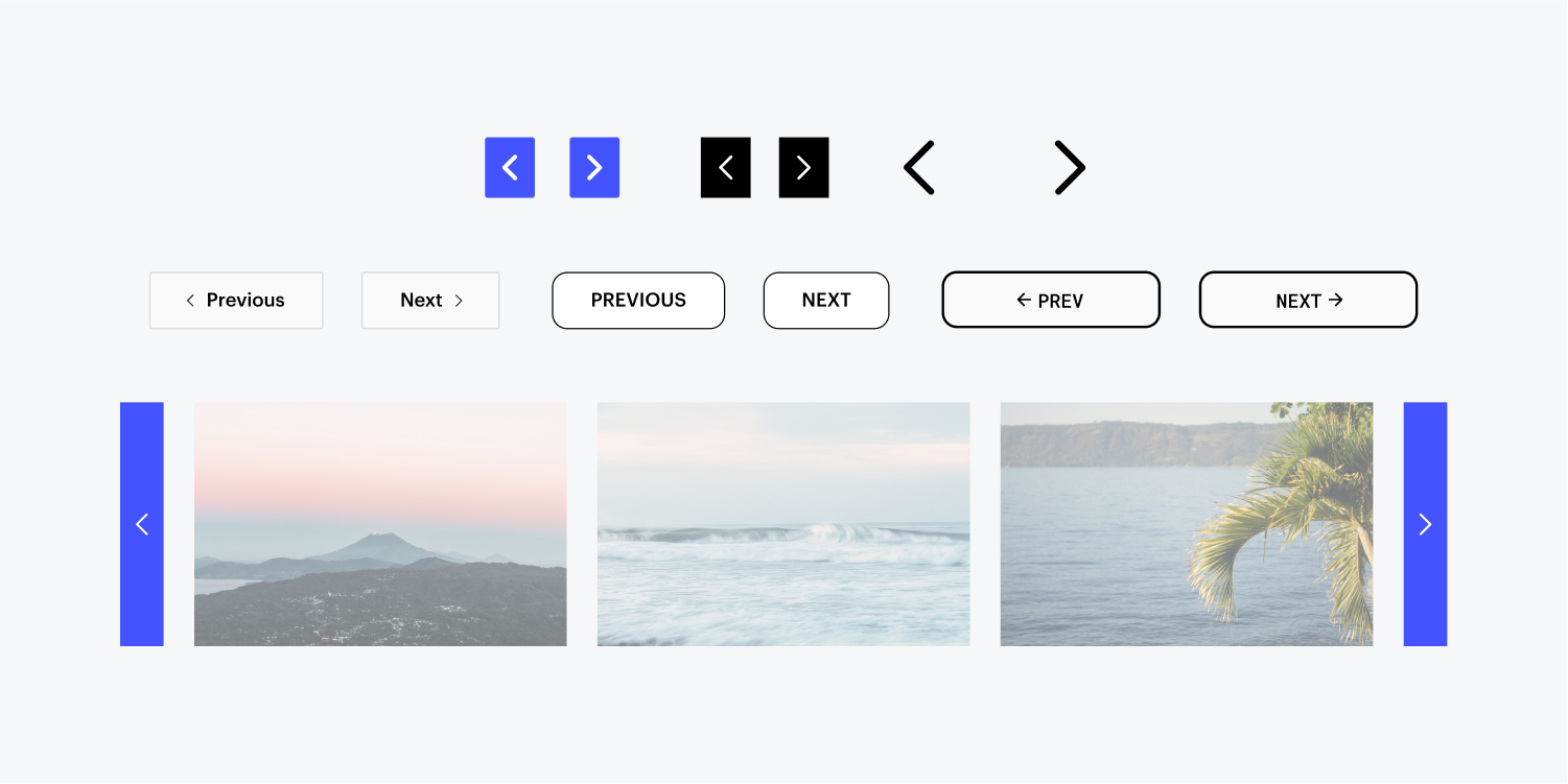 Different versions of stylized pagination buttons are laid out to show the types of customizations a user can produce. Blue buttons with directional arrows, buttons with the words previous and next and a slider with preview images of El Salvador are all included.