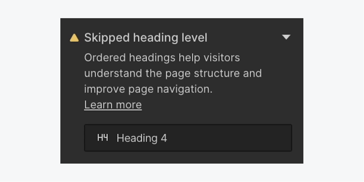 The Audit panel shows an H4 Heading flagged for being a skipped heading level.