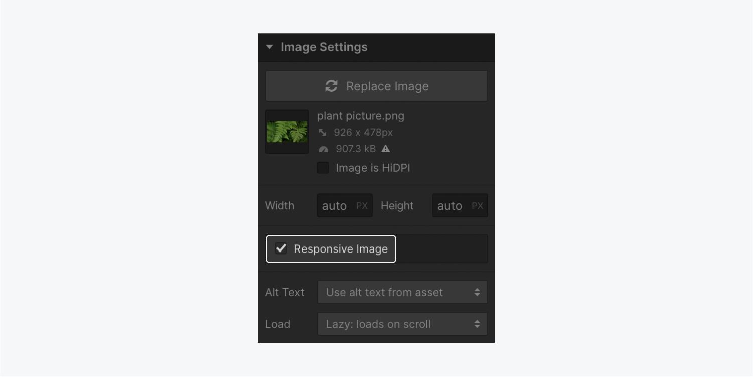 The Responsive image checkbox is checked in the Image settings section of the Settings panel.