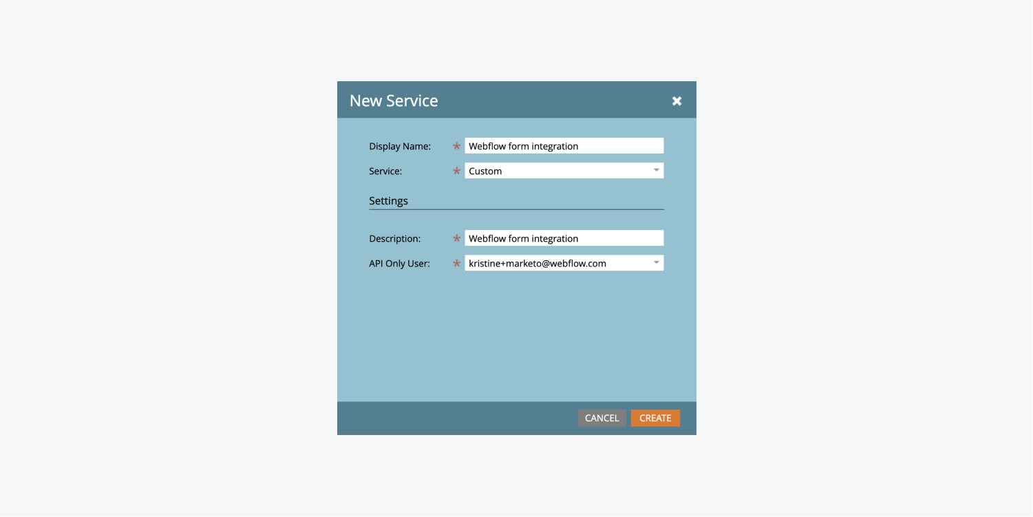 Marketo’s “New Service” modal displays fields to enter a display name, choose a service, write a description and select the API only user. 