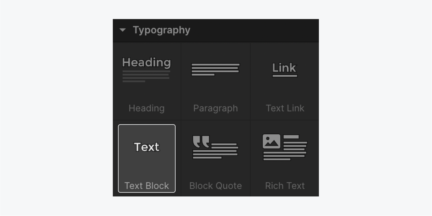 The Text block element in the Add panel.