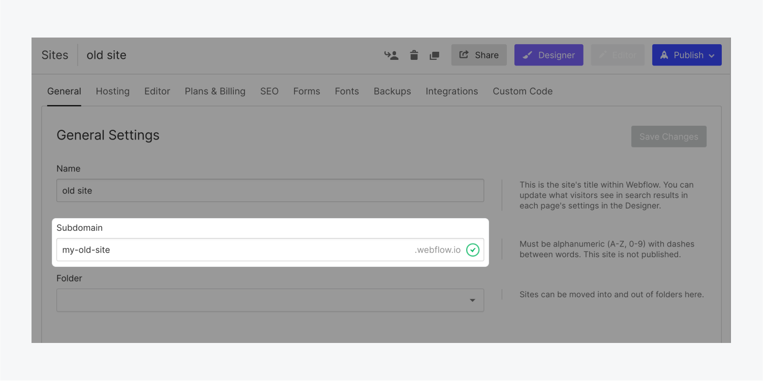 The Subdomain field highlighted in the General tab of Site settings.