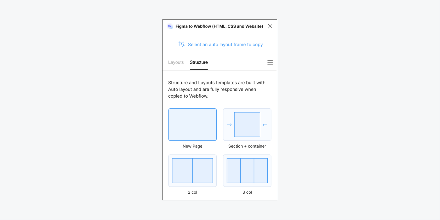 The “Structure” tab is open in the Figma to Webflow plugin modal window. 