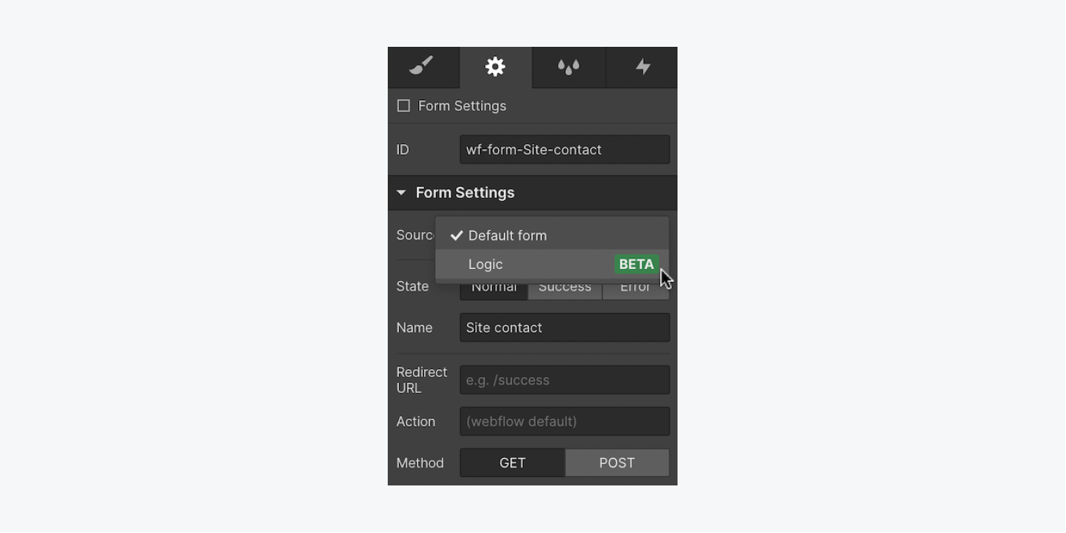 The Source dropdown in Form settings allows you to connect your form to Logic.