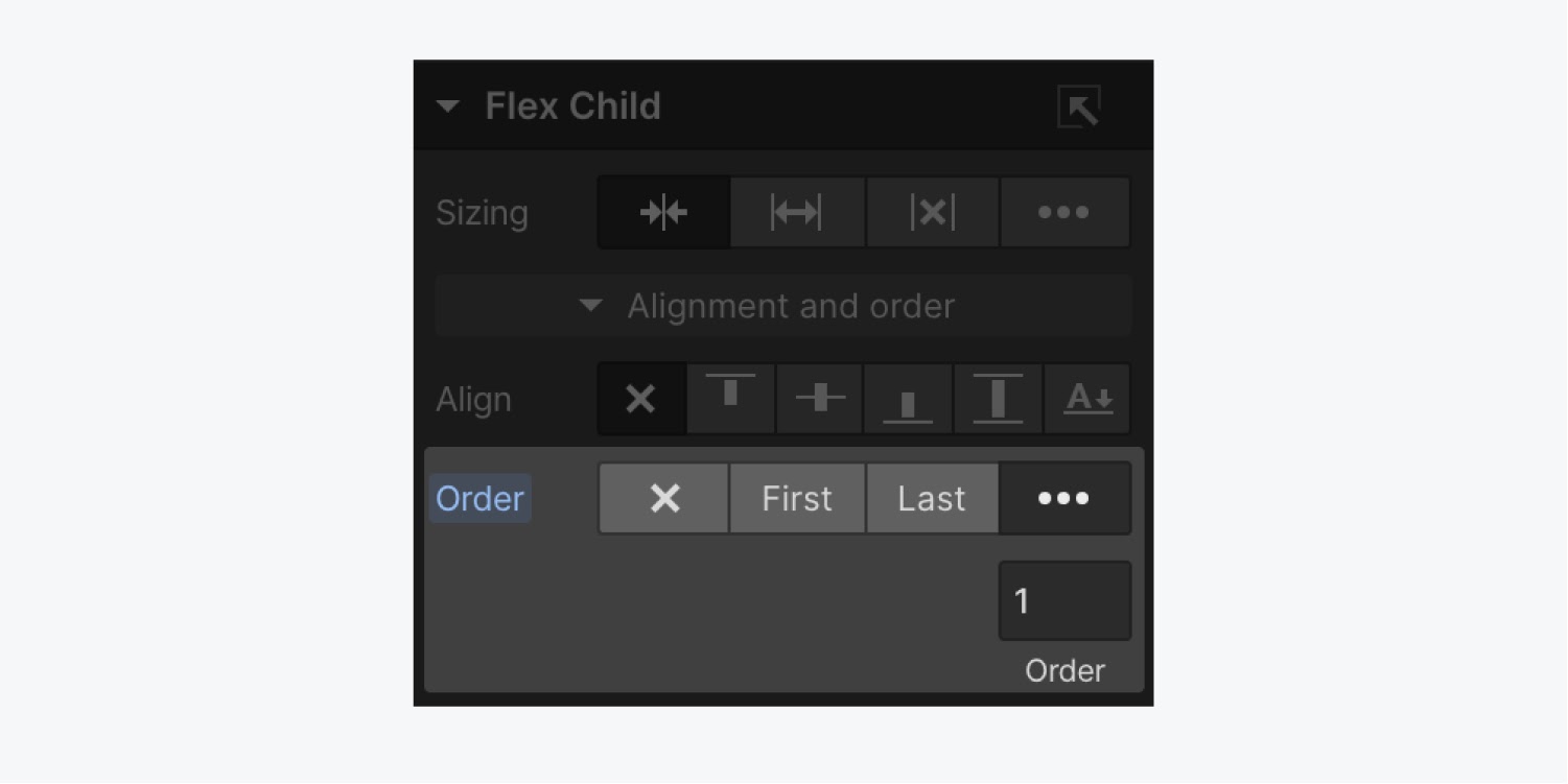 The customize grow and shrink behavior is shown in the Flex child section of the Style panel, with order set to 1.