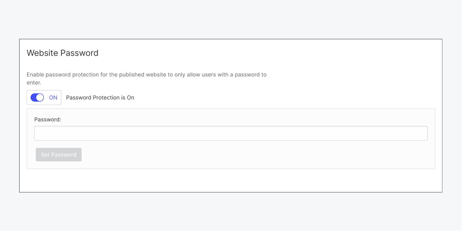The Website password section in the General tab. Password protection is toggled to “on.”