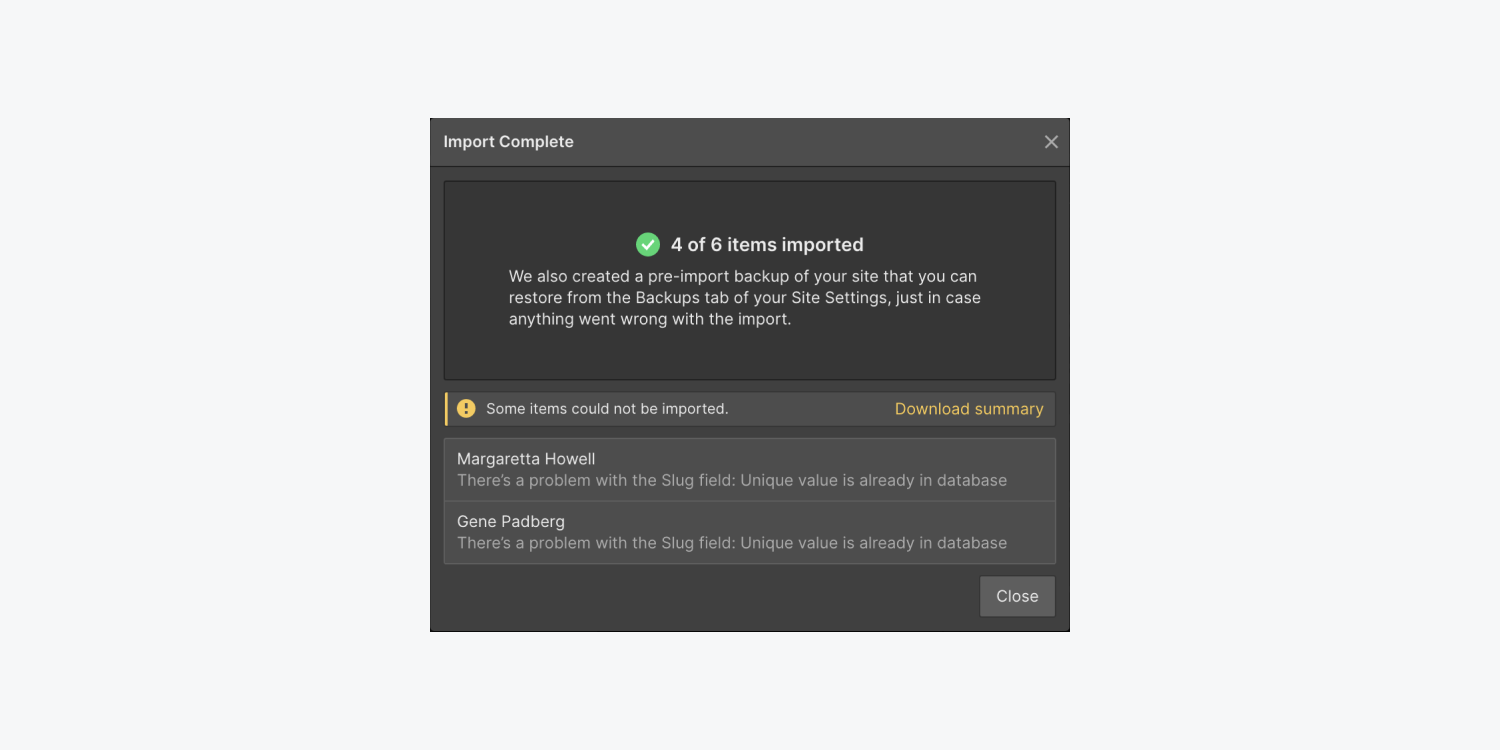 The import complete modal is shown, which indicates that 4 of 6 items were imported, and also displays error reports for items that were not imported. 