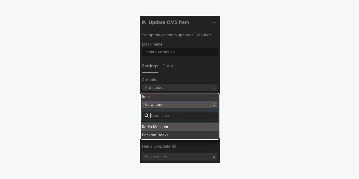 The View items option in the Update CMS item block expands a dropdown where you can select a CMS item from the Collection selected in block settings.