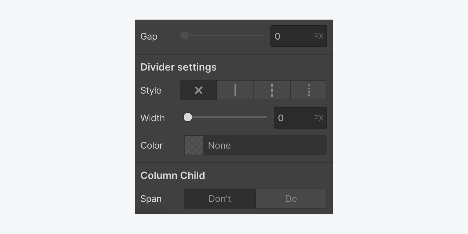 The text column properties panel includes customization fields for Gap, Divider settings and Column Child. 