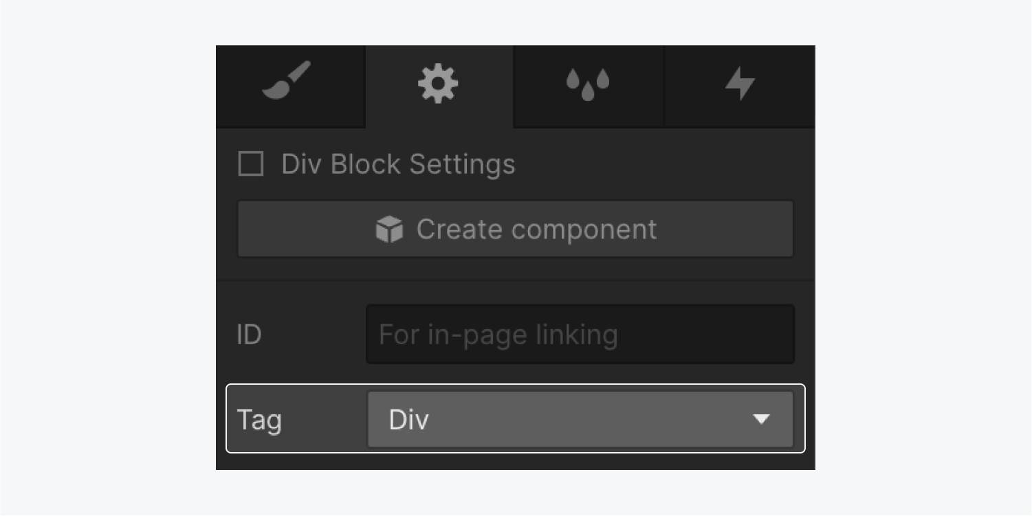 The Tag dropdown highlighted in a Div block’s Element settings. The Tag is set to the default “Div.”