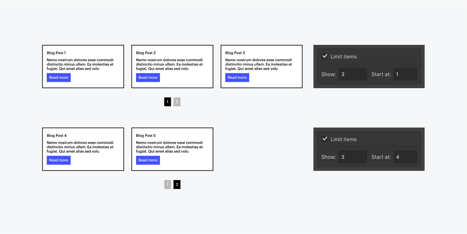 Two examples showing Slide 1 will displaying items 1, 2, and 3. Slide 2 will display items 4 and 5. The limit items checkbox is checked for both examples. 