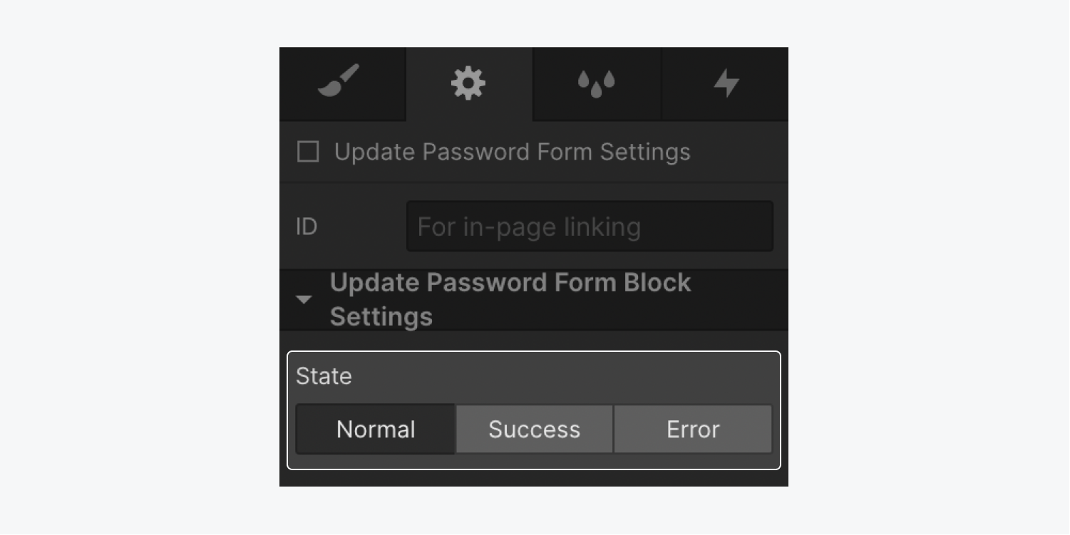 The Update password form block states (normal, success, and error) in the Settings panel.