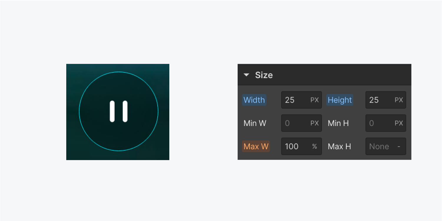 A custom play/pause button and its Size properties in the Style panel. The width and height have each been set to 25 pixels.