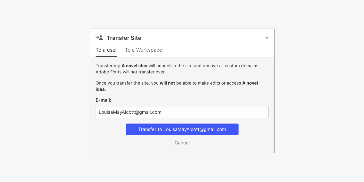 The transfer site modal is shown with the To a user tab selected.