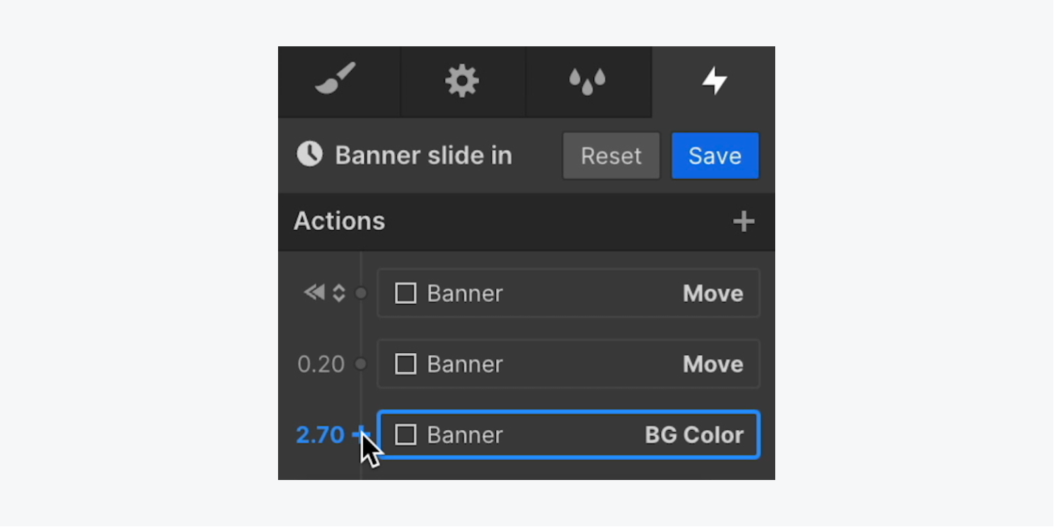 In the Actions section of the Interactions panel, the “plus” icon to the left of the Banner BG Color animation is highlighted.