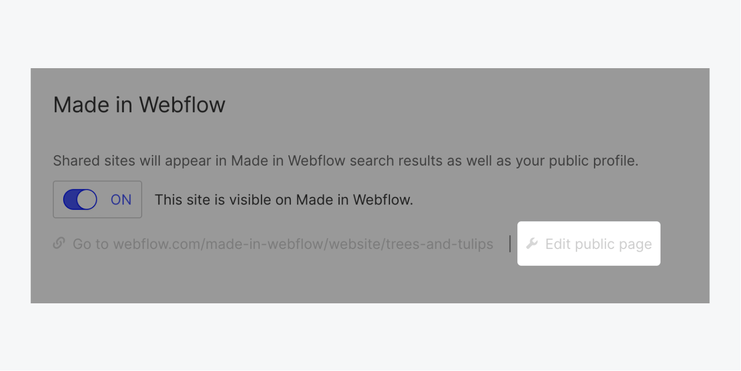 The toggle is switched to “on” in the Made in Webflow section.