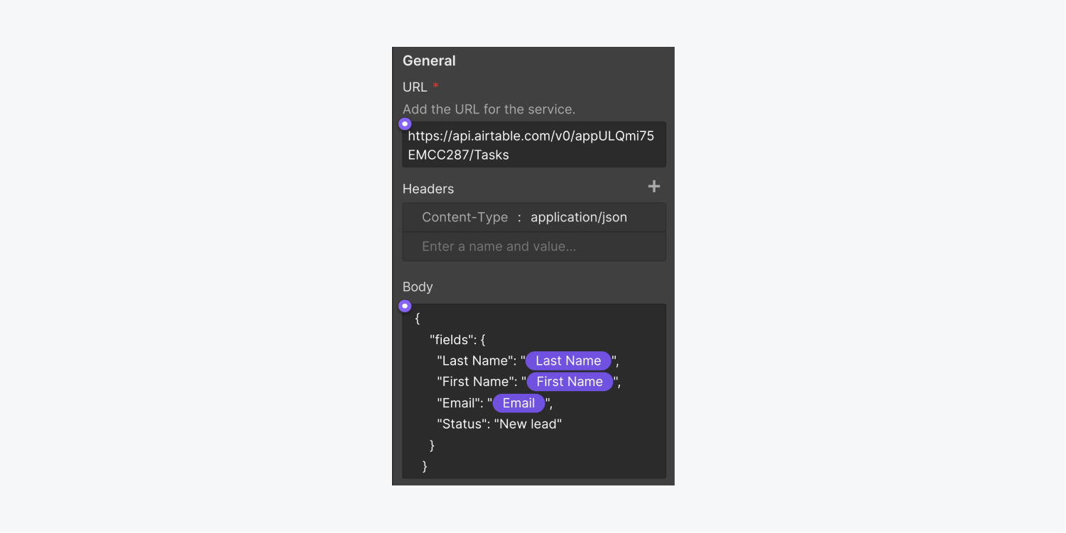 The Body field contains dynamic form fields to capture last name, first name, and email address from form submissions. 