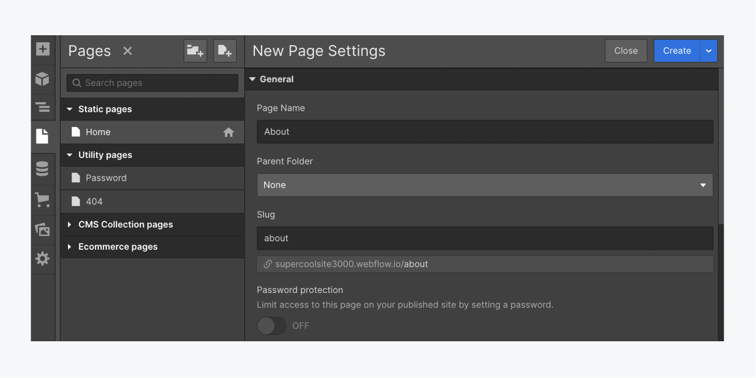 Page settings for a new page include page name, parent folder, and slug. 