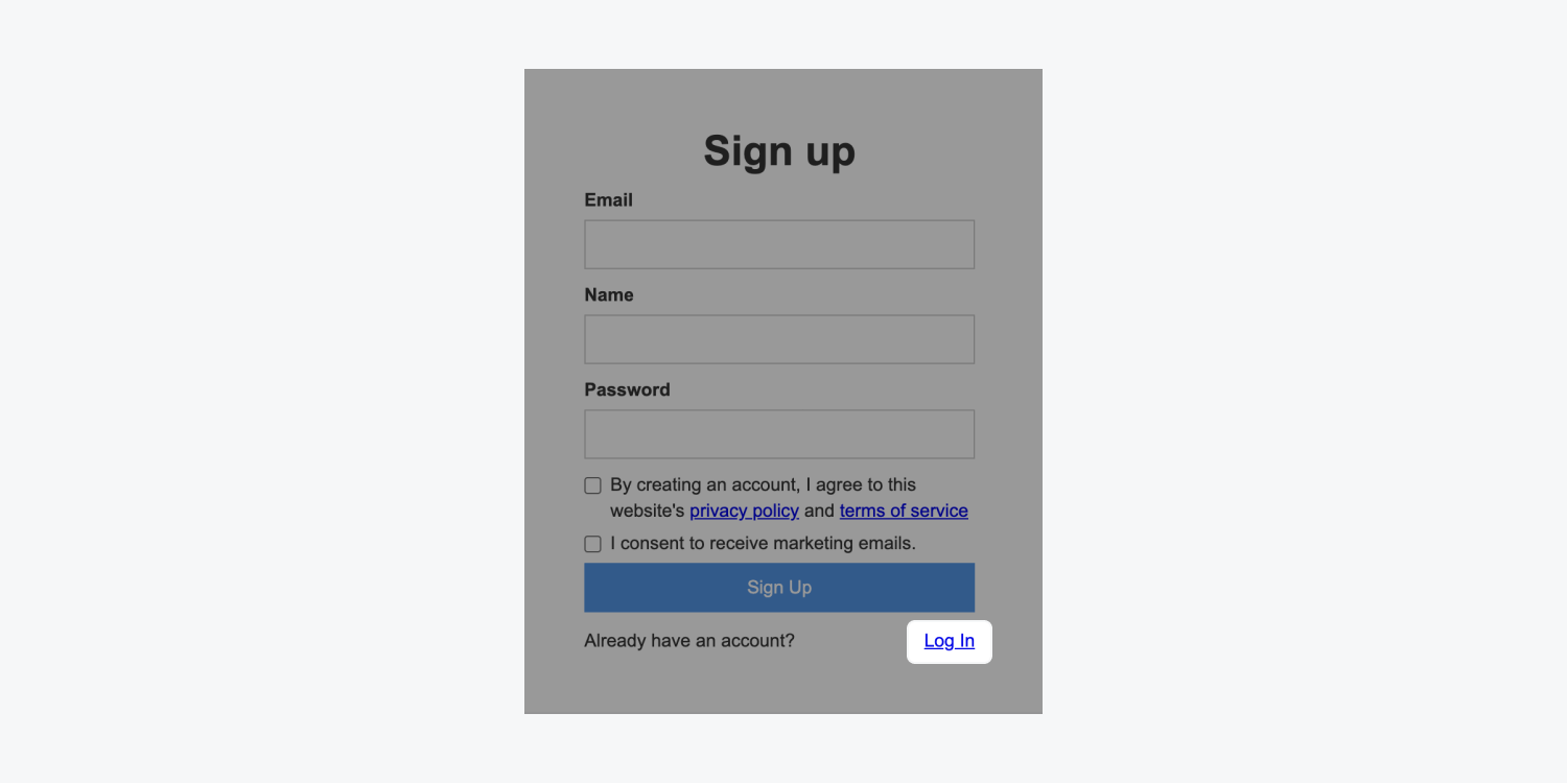 The log in link is highlighted under sign up form fields on the sign up page. 