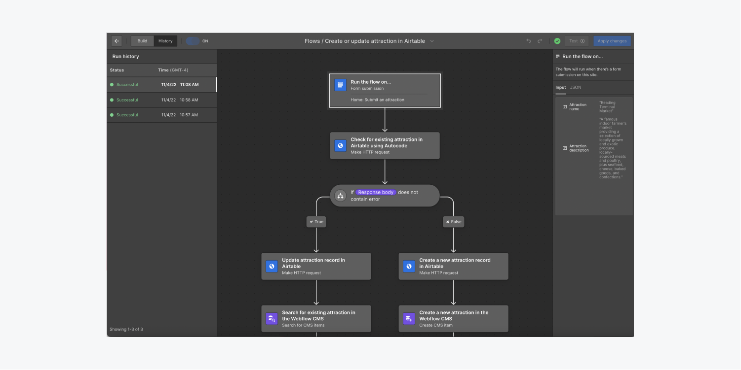 Run history shows the input data that triggered the successful flow. 