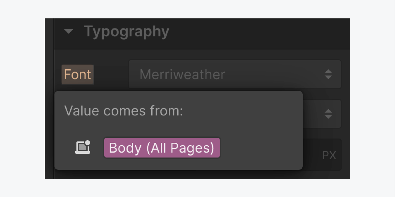 Under the Typography panel, the Font link is clicked and a popup modal window details the Value comes from: Body (All Pages). This popup window is highlighted.