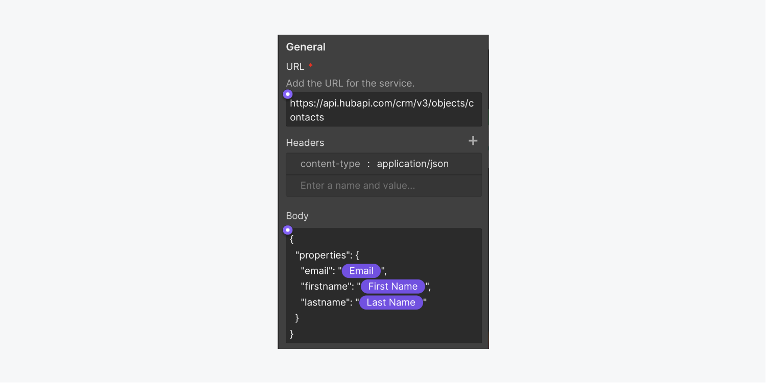 The Body field contains dynamic form fields to capture last name, first name, and email address from form submissions. 