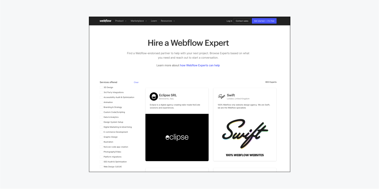 The Experts directory homepage in the Webflow Marketplace.