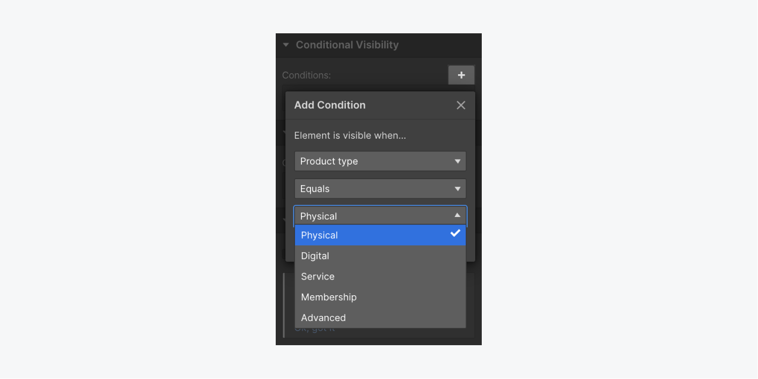The Add condition modal in the Conditional Visibility section.