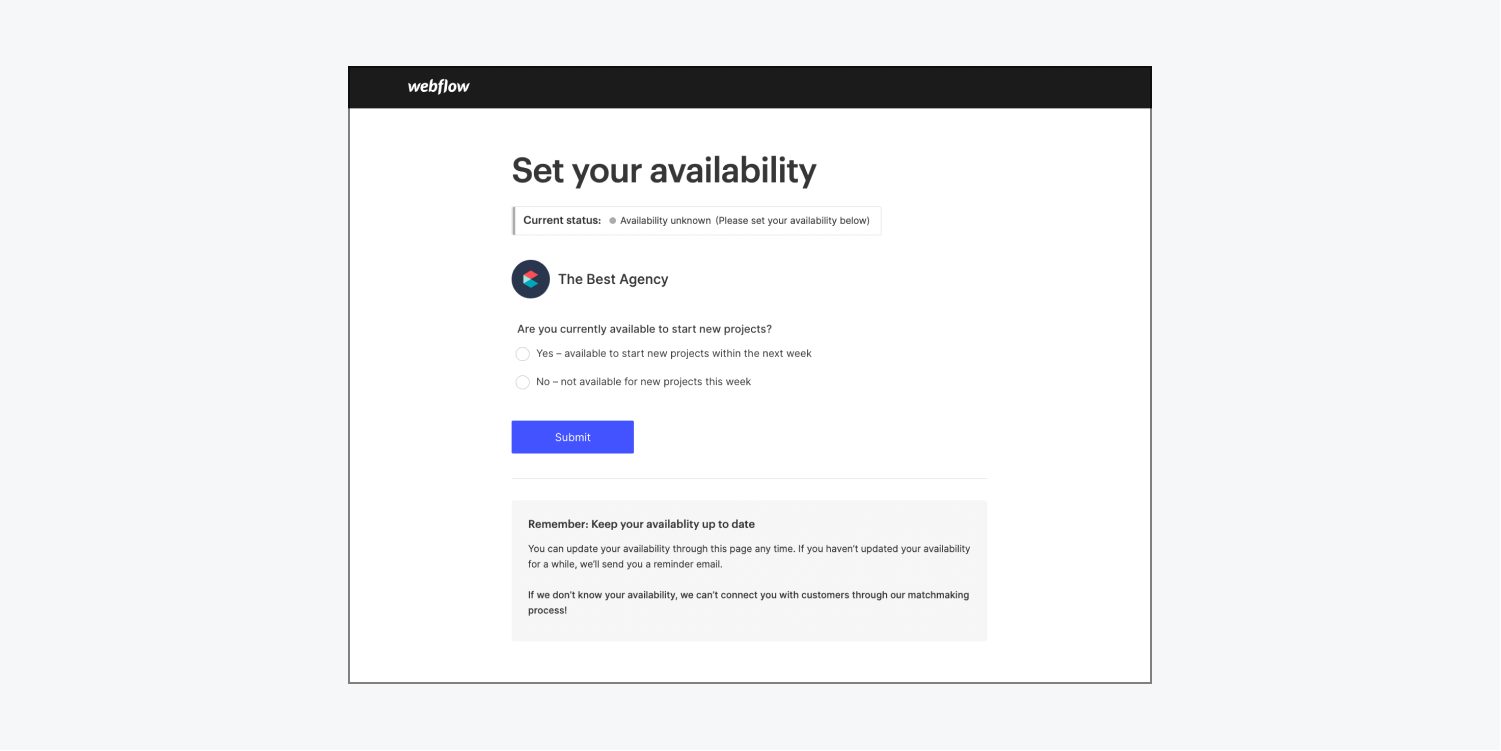 The Set your availability page includes a section to add your availability and a reminder to keep your availability up-to-date.