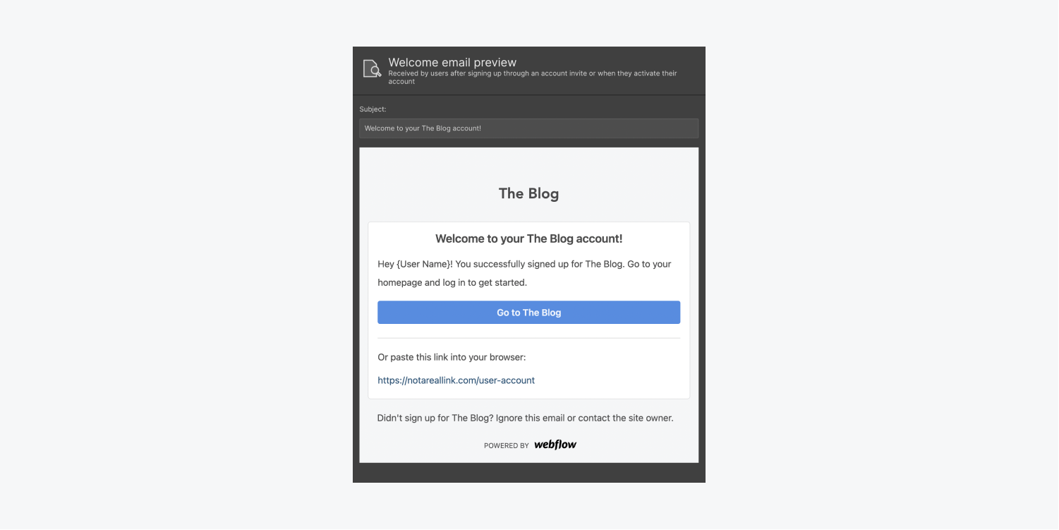 A welcome email preview shows customizable text to greet a new user who has signed up for an account.