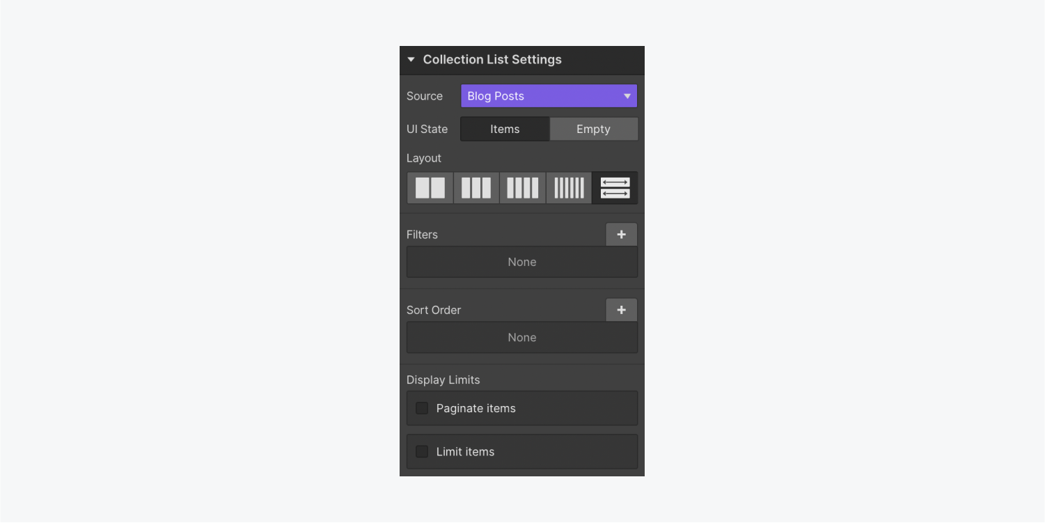 The Collection list settings section in the Element settings panel.