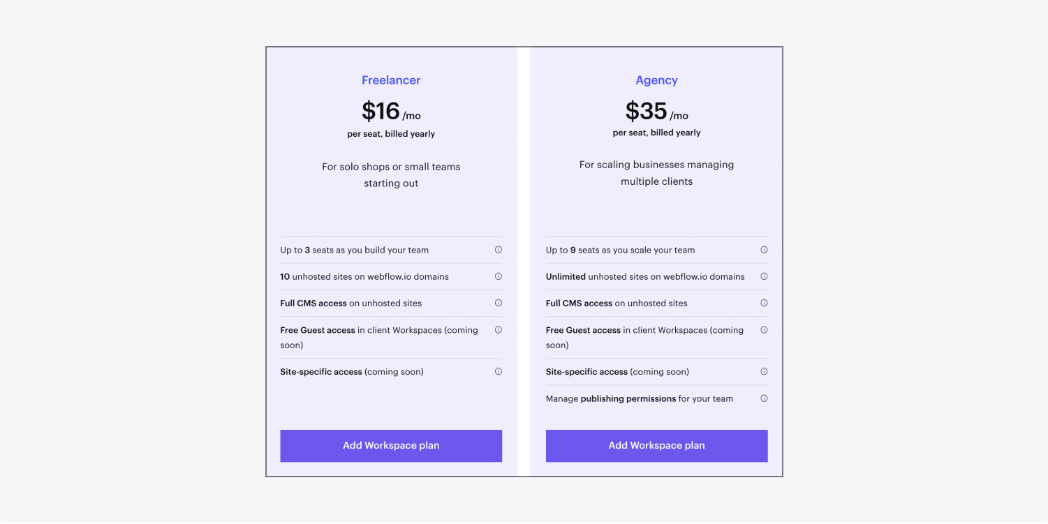 The Freelancer and Agency plans’ pricing page.