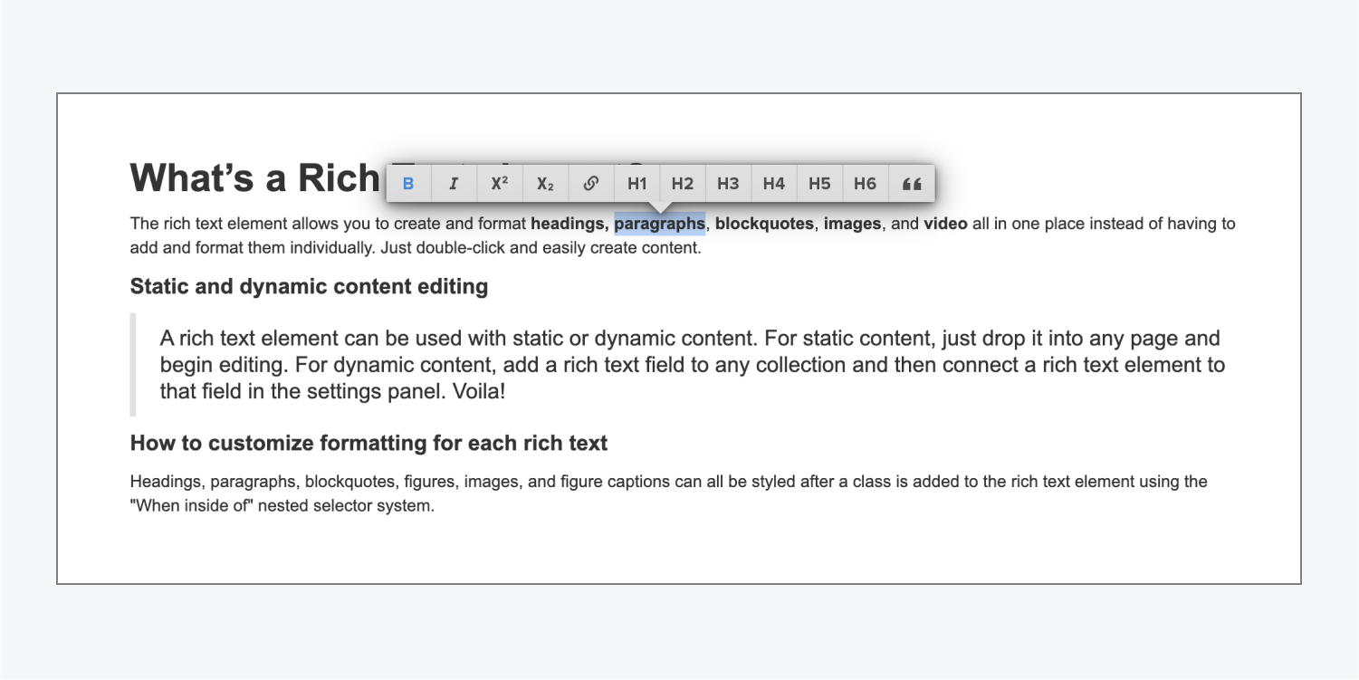 The Rich text formatting toolbar that appears when rich text is selected in the Editor.