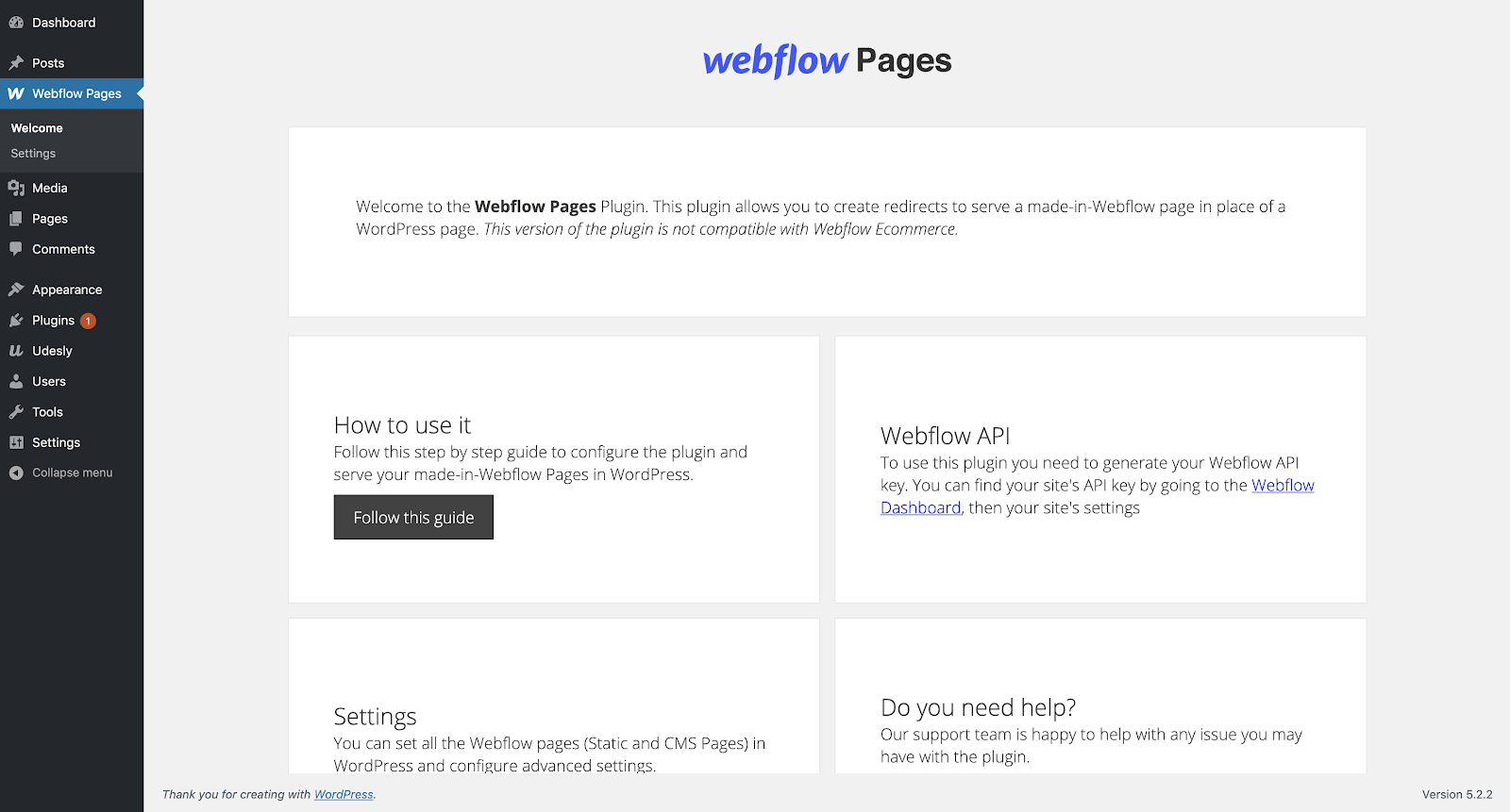 The Webflow Pages plugin overview page provides links to a how-to guide and plugin settings.