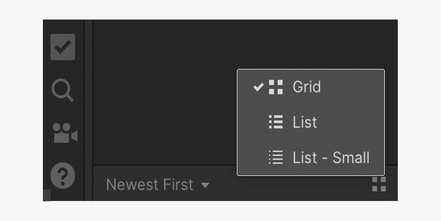 The Asset panel view option dropdown is highlighted in the Assets panel. The 3 options are “Grid,” “List,” and “List - Small.”