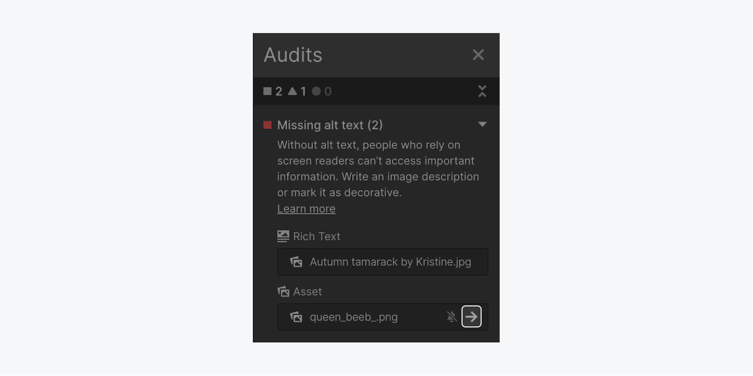 A mouse hovers over an issue in the Audit panel to reveal the target action arrow (highlighted), which takes you to the issue that needs to be resolved. 