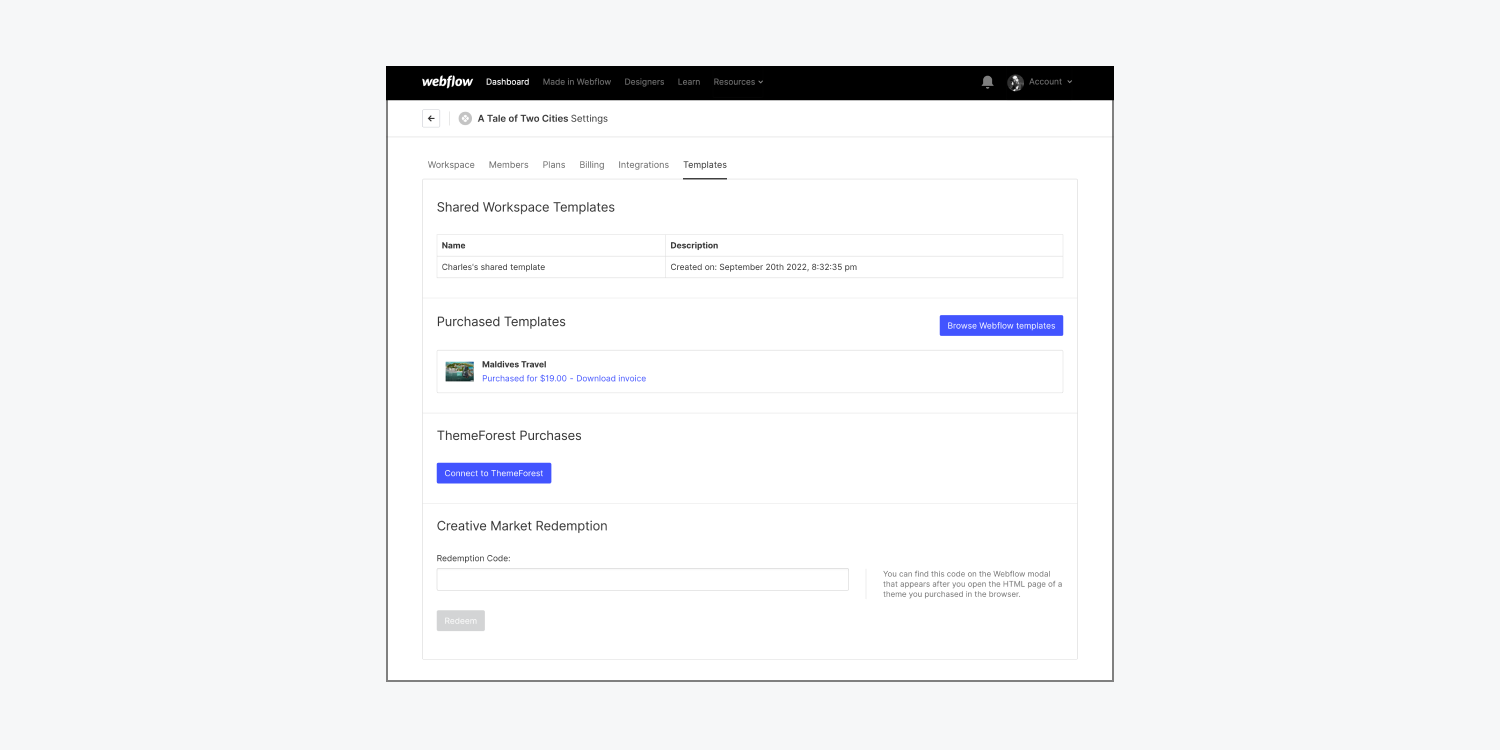 The settings in the Templates tab of a Workspace’s settings are shown.