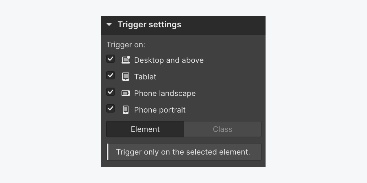 The Trigger settings menu shows all available breakpoints for the trigger to occur on.