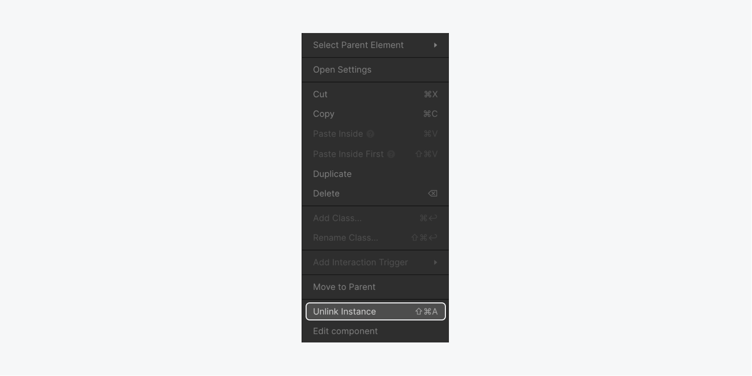 The Unlink instance option is highlighted in the menu that appears after right-clicking a component element.
