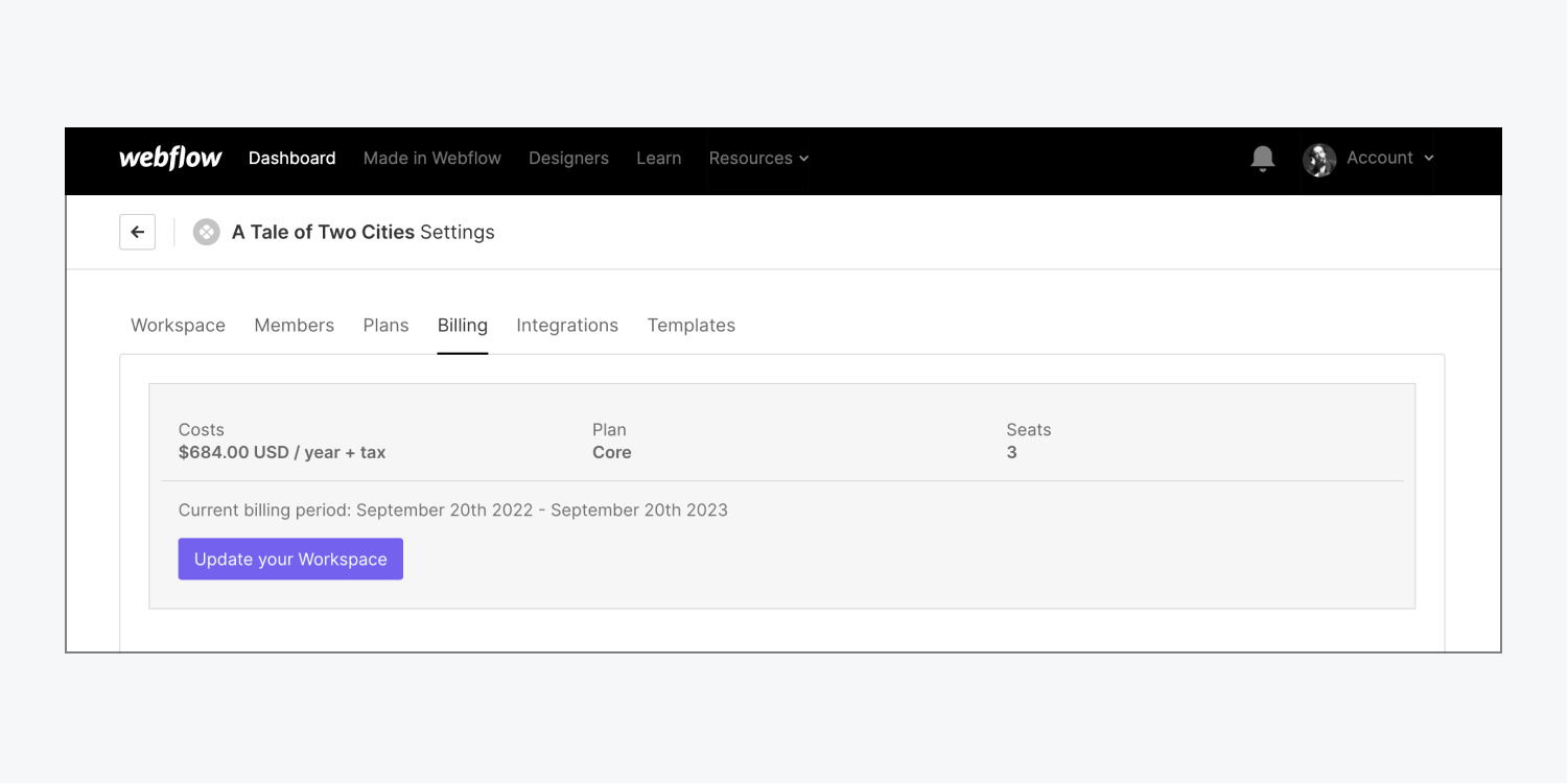 A Workspace’s plan details in the Billing tab of a Workspace’s settings are shown .