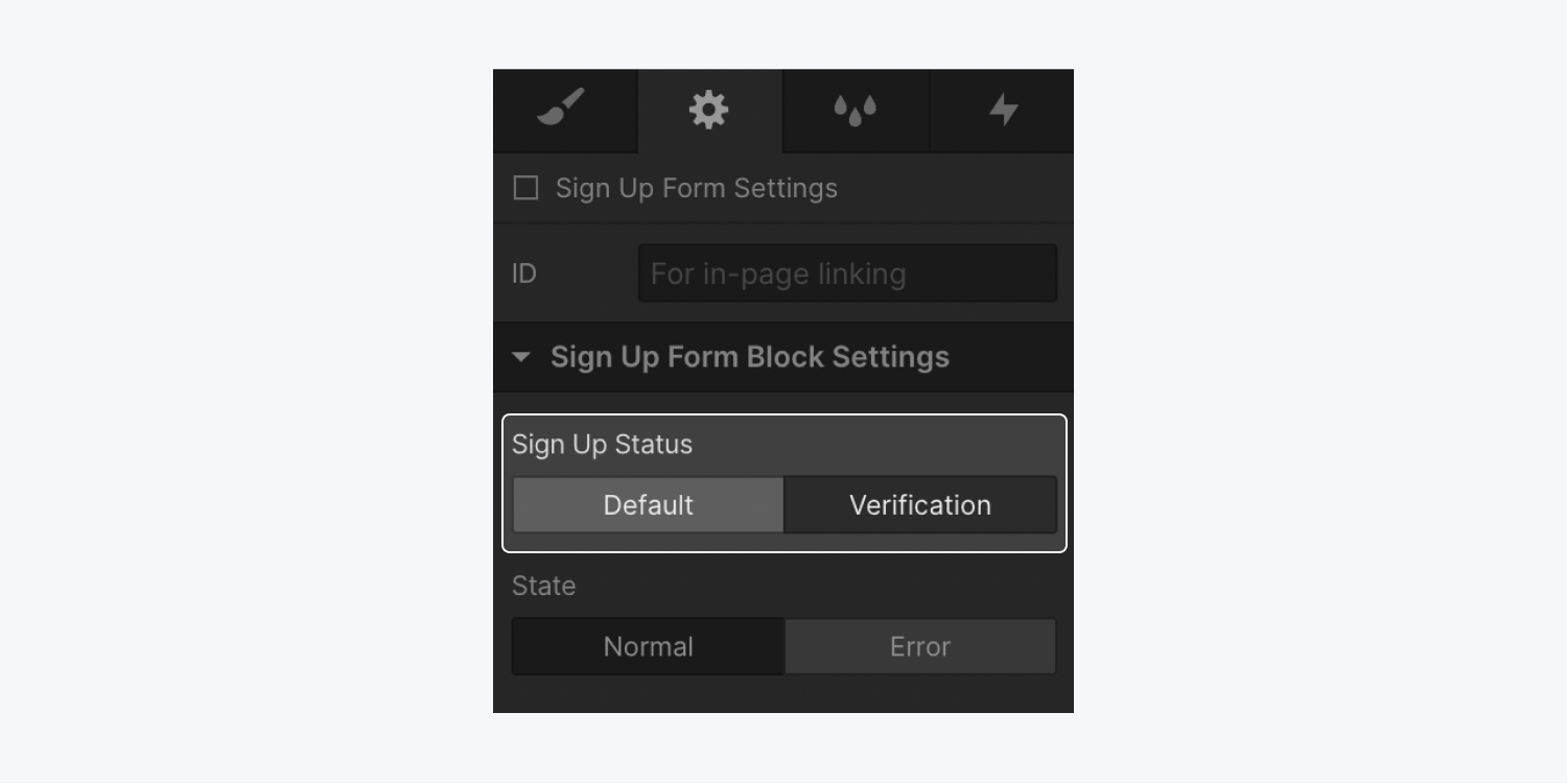 The Sign up form verification status is highlighted in the Settings panel.