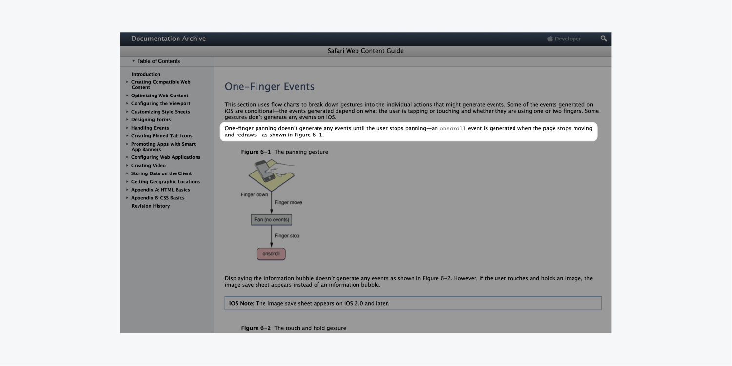 The Apple developer library includes a one-finger event section within the Safari Web Content Guide. The text "one-finger panning doesn't generate any events until the user stops panning—an onscroll event is generated when the page stops moving and redraws—as shown in figure 6-1." is highlighted on the page.