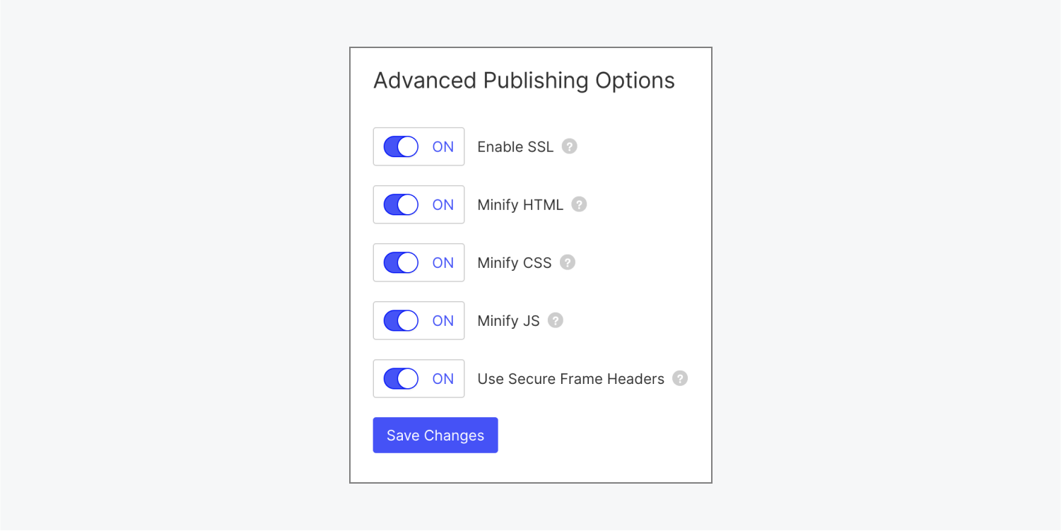 Advanced publishing options include the option to enable SSL, minify HTML, CSS, and JS, and use secure frame headers.