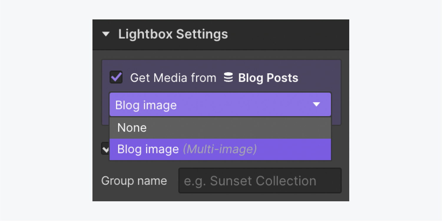 The “Get Media from Blog posts” checkbox is checked in Lightbox settings and a “Blog image” Multi-image Collection field is highlighted in the dropdown.